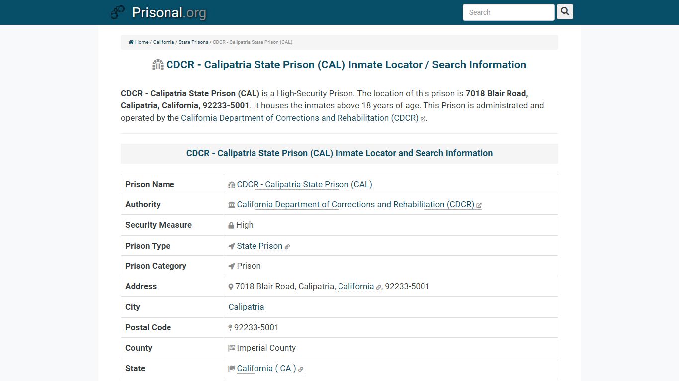 CDCR - Calipatria State Prison (CAL)-Inmate Locator/Search ...